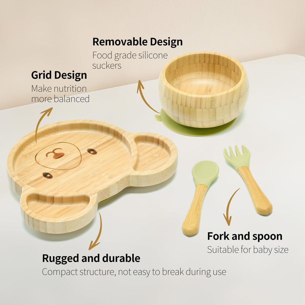 Imagination Junction Bamboo Suction Plates Bowls Setfor Baby Toddler Divided Platter Food bowl with Silicone Fork & Spoon All-Natural Baby Feeding Set, Kids Feeding Essentials