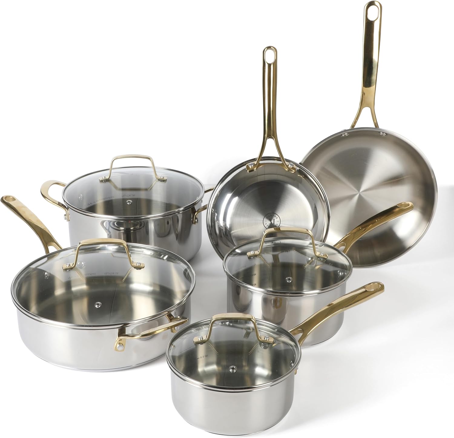 Martha Stewart Castelle 10-Piece Stainless Steel Cookware Set | Durable, Induction Safe, Non-Toxic - Gold Handles