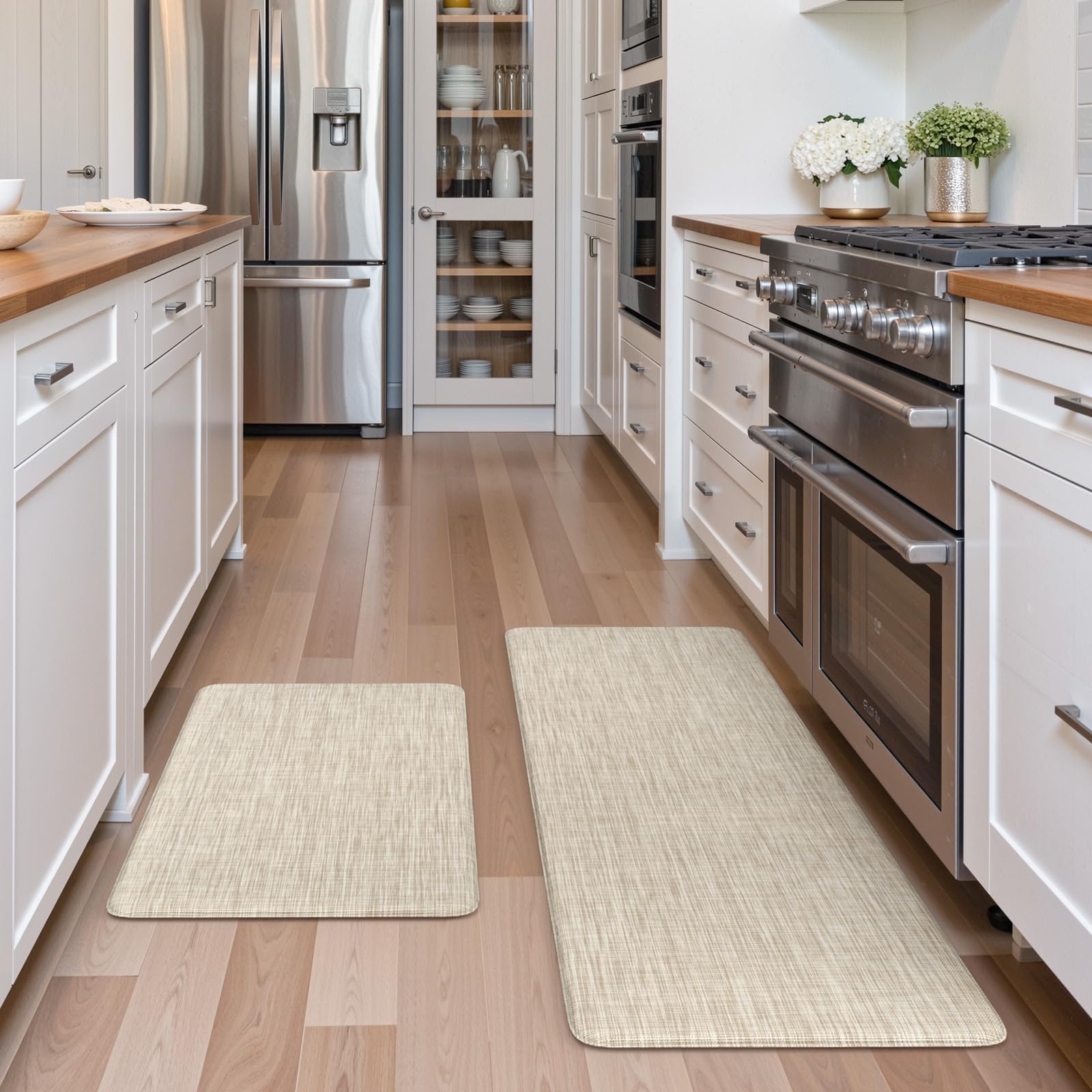 Collive Kitchen Mats for Floor 2PCS, Cushioned Anti Fatigue Rugs Non Slip Waterproof Kitchen Sink Mat, Memory Foam Comfort Standing Mats for Desk, Office, Home Decor, 20" x 47" + 20" x 32", Beige
