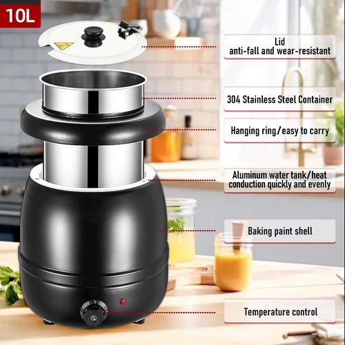 10.5QT Soup Warmers Commercial Soup Kettle with Stainless Steel Hinged Lid and Detachable Insert Pot, Electric Soup Pot for Restaurants and Party, Home, Catering (Black)