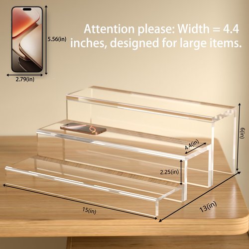 JUESHA 2 Pack Tiers Bar Shelves for Liquor Bottles, 15" Clear Acrylic Risers Display Racks Stands for Figures Pops Cupcake Perfume Collections (Clear)