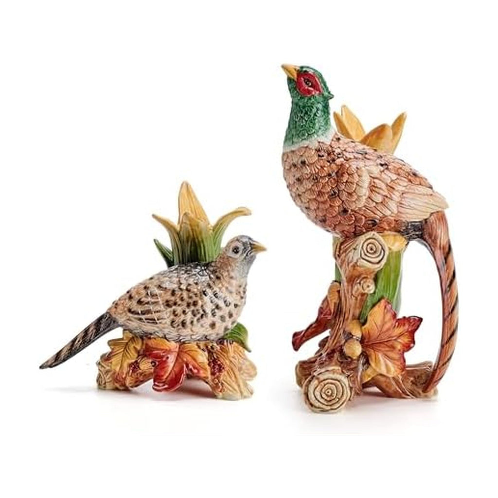 Fitz and Floyd Fall Harvest Pheasant Ceramic Figurine Candleholders, Set of 2, 10.5 and 6.25 inches Tall