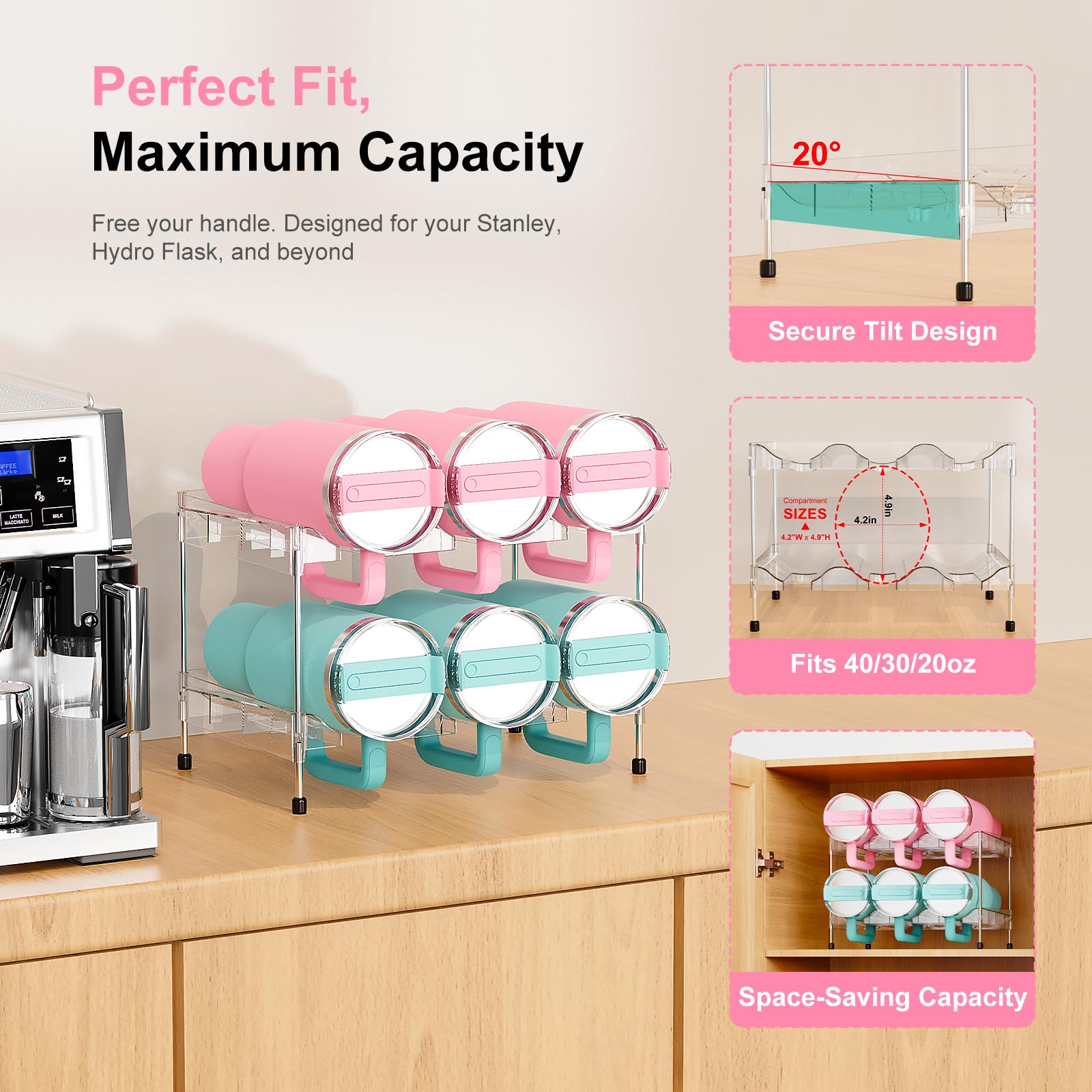Reusable Stackable with Handle Compartment Water Bottle Tumbler Organizer for Stanley 40oz with Handle Cup, Stanley Accessories for Pantry, Cabinet & Kitchen Organization and Storage,2 Tier Hold 6