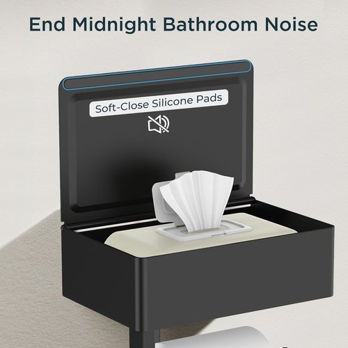 FORIOUS Toilet Paper Holder - Wall-Mounted Storage with Shelf & Tampon Receptacle - Matte Black