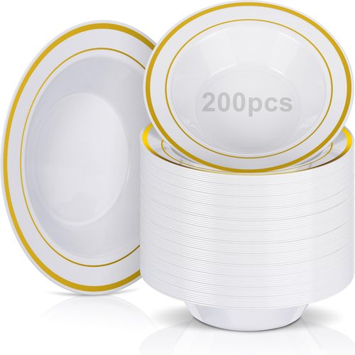 Jinei 200 Pieces 6 oz Plastic Bowls with Rim Small Disposable Soup Bowls for Dessert Salad Soup Candy Wedding Thanksgiving Catering Holidays Party Supplies (White,Gold Rim)