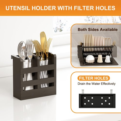 Greenual Black Bamboo Dish Drying Rack with Utensil Holder, 3 Tier Collapsible Dish Rack, Wooden Dish Racks for Kitchen Counter, Large Folding Drying Holder with Absorbent Dish Drying Mat