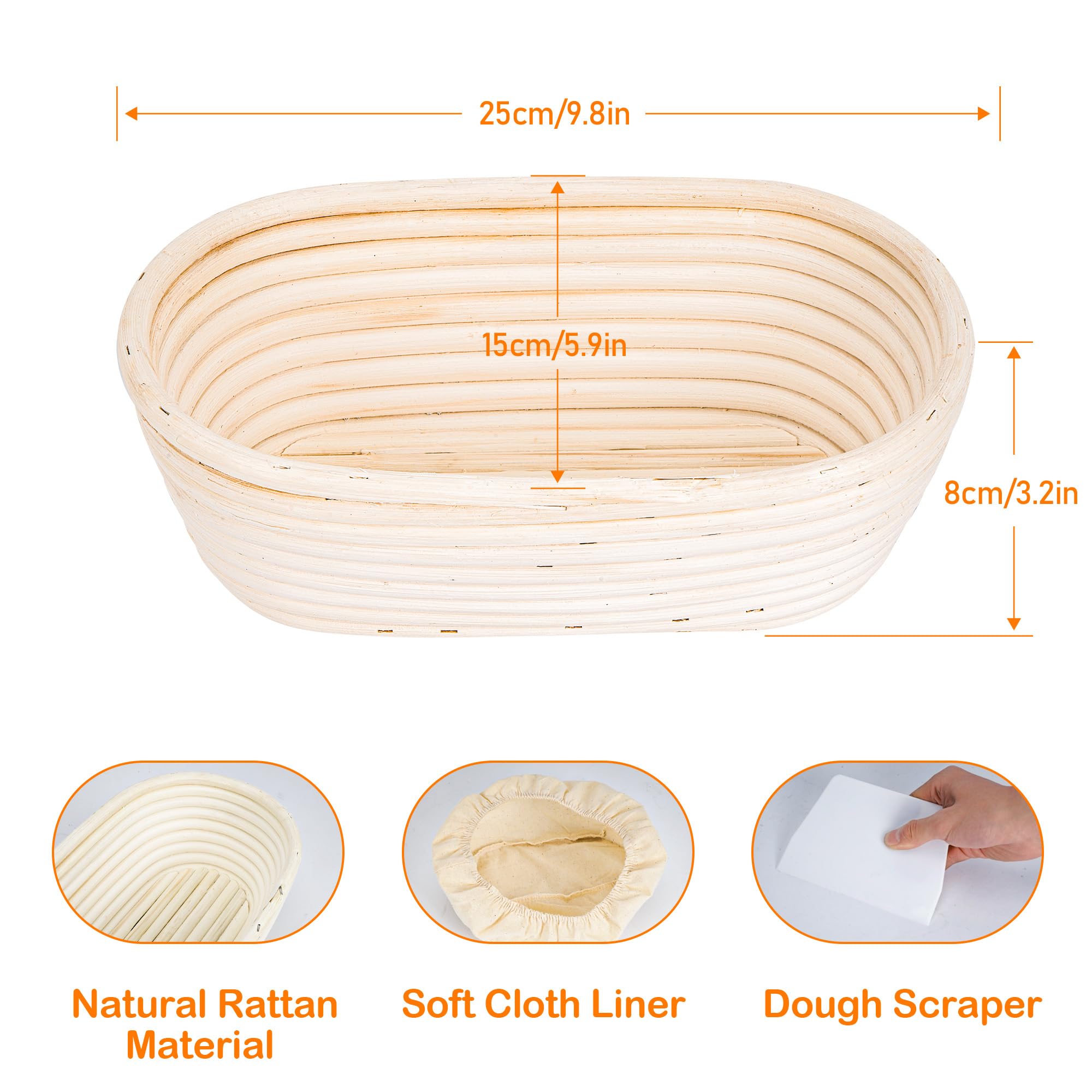 KUJIBGY 10 Inch Banneton Bread Proofing Basket, Oval Sourdough Proofing Basket with Cloth Liners & Dough Scrapers Set of 10,Bulk Rattan Banneton Sourdough Bowl Basket for Home Baker Supplies