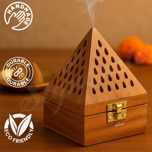 SIGNAMIO® Wooden sambrani Incense Dhoop Holder Stand Ash Catcher with Pyramid Shape for Pooja and Meditation (Pack of 1)