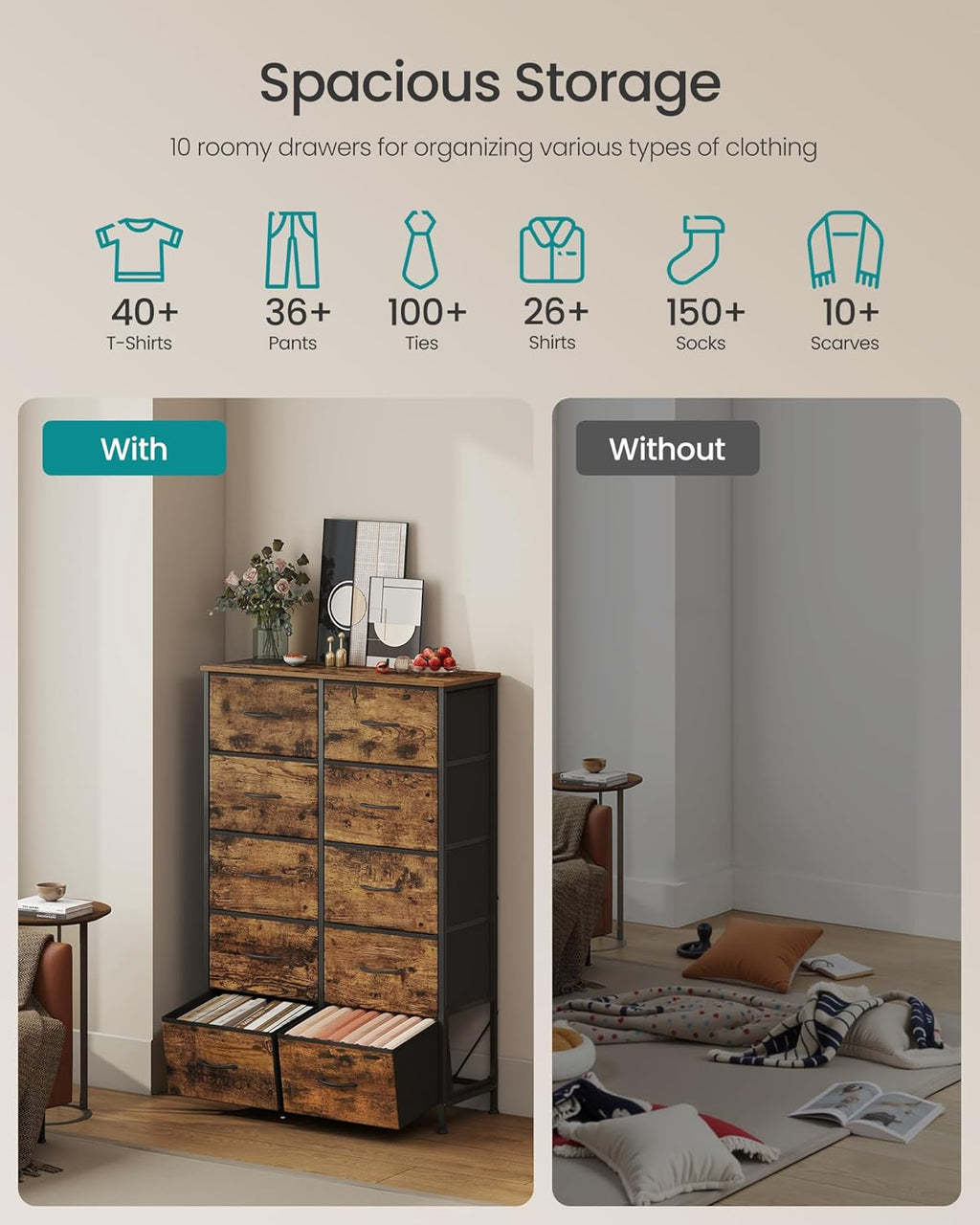 SONGMICS Dresser - 10-Drawer Storage Organizer Unit for Bedroom | Rustic Brown & Ink Black Finish