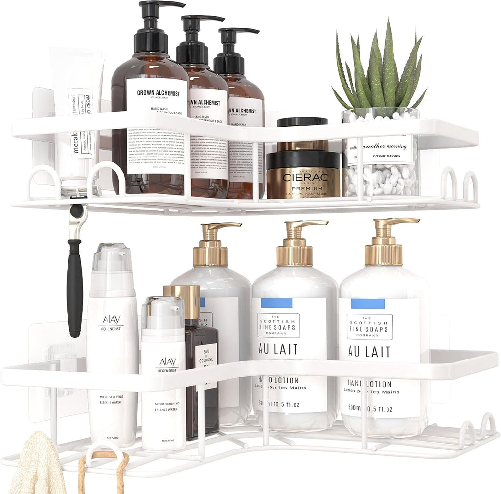 Sakugi Corner Shower Caddy | 2-Pack Rustproof Stainless Steel Organizers with 8 Hooks - No Drilling, Space-Saving, White