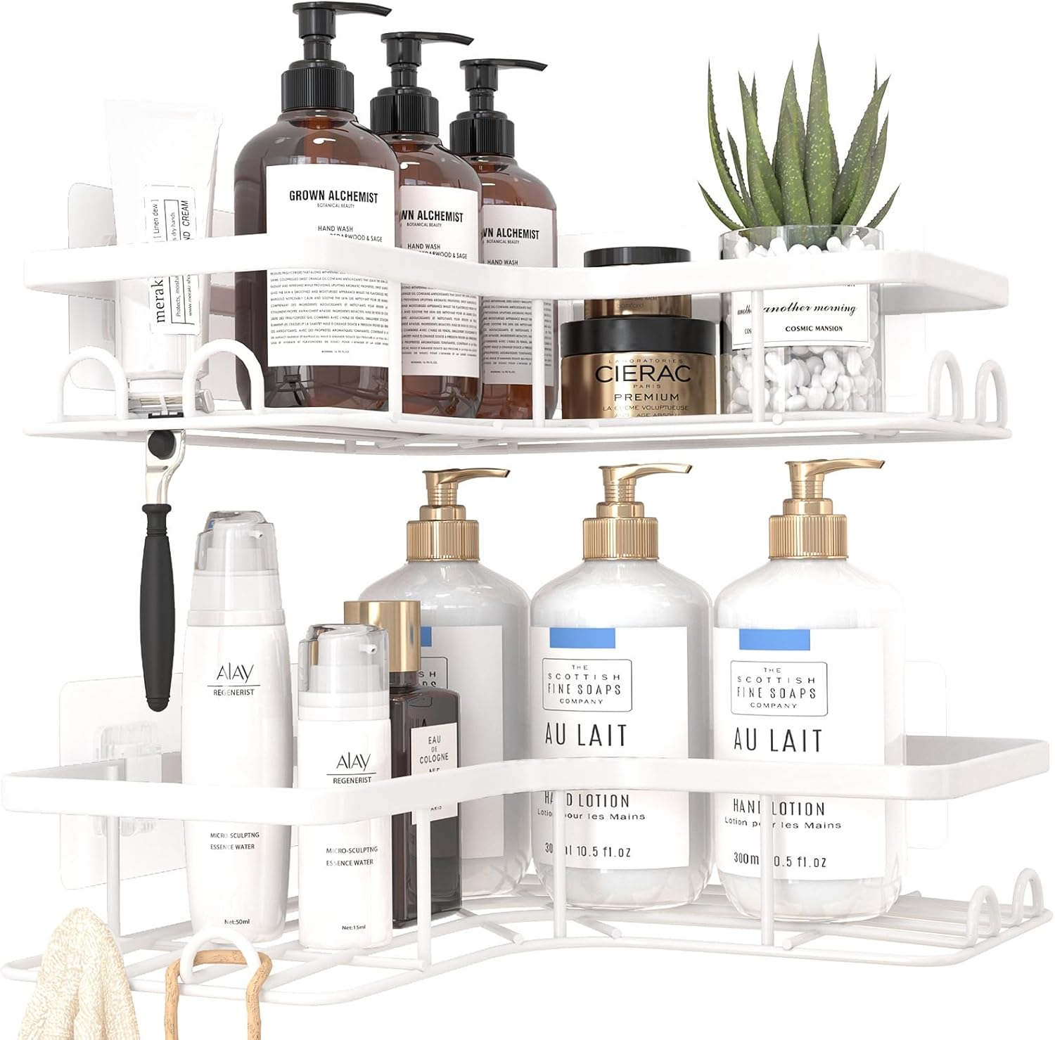 Sakugi Corner Shower Caddy | 2-Pack Rustproof Stainless Steel Organizers with 8 Hooks - No Drilling, Space-Saving, White