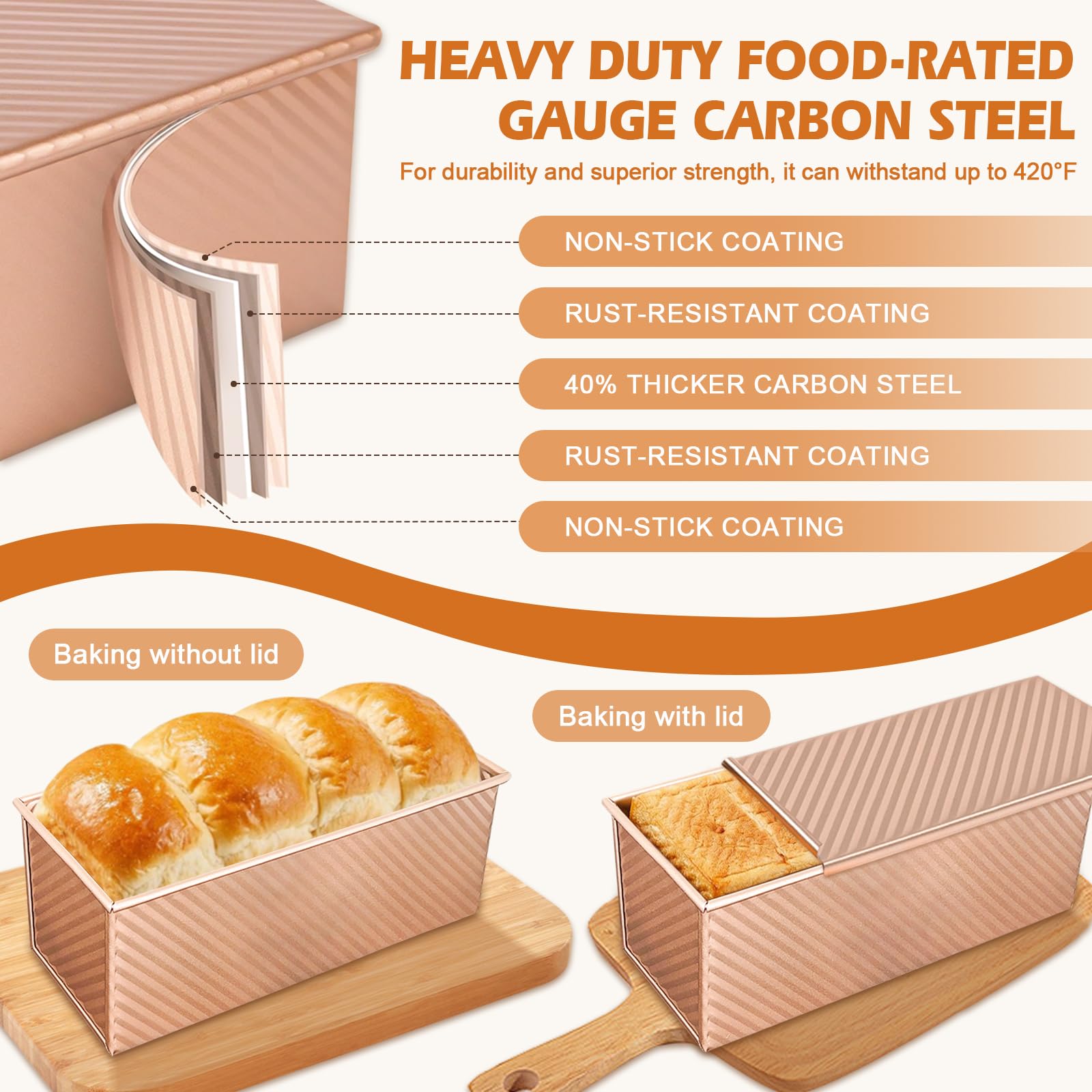 Dipanist 2Pack Large Bread Pan with Lids – 2.2LB Dough Capacity, Non-Stick Carbon Steel Bread Pans for Homemade Sandwich and Sourdough Bread, Corrugated Toast Mold(Gold)