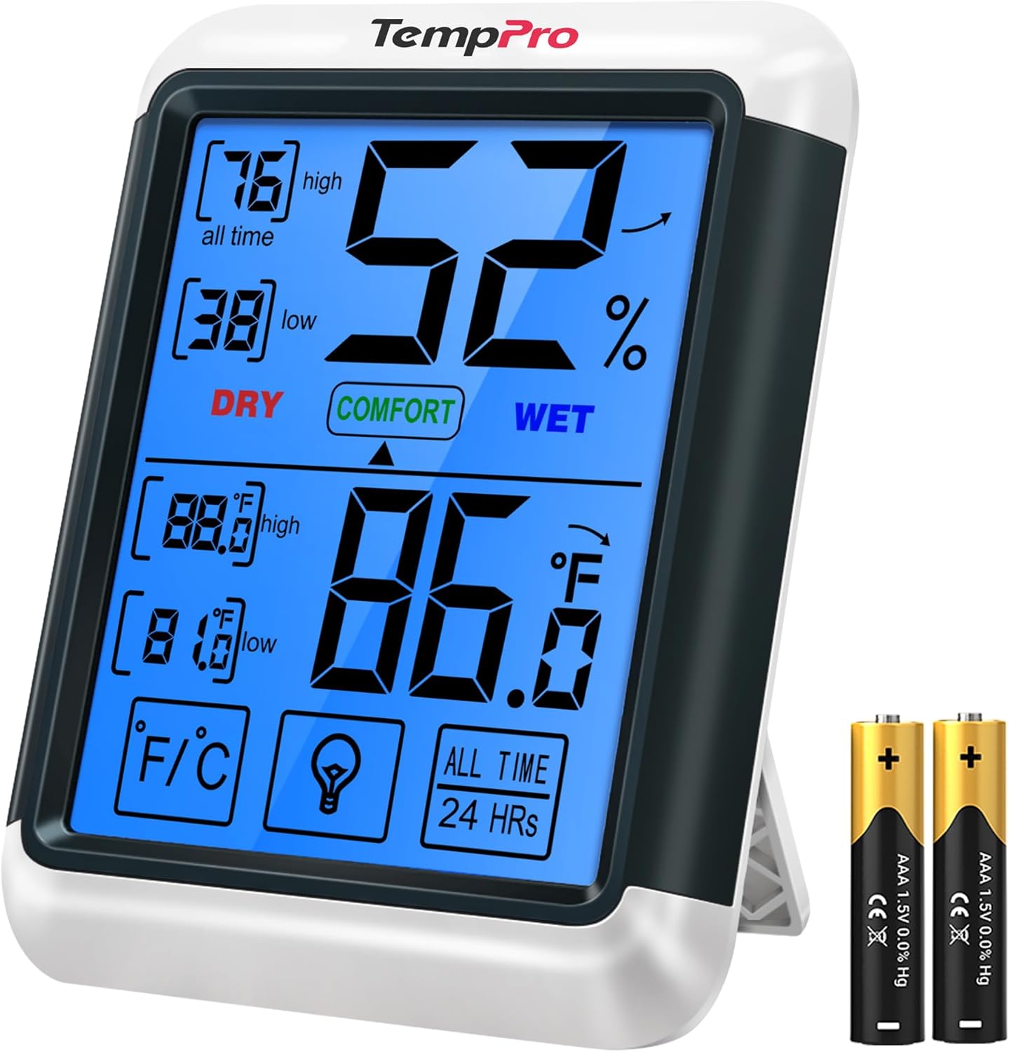 TempPro TP55 Digital Indoor Hygrometer - 4-Inch Touchscreen Temperature & Humidity Monitor for Home & Greenhouse