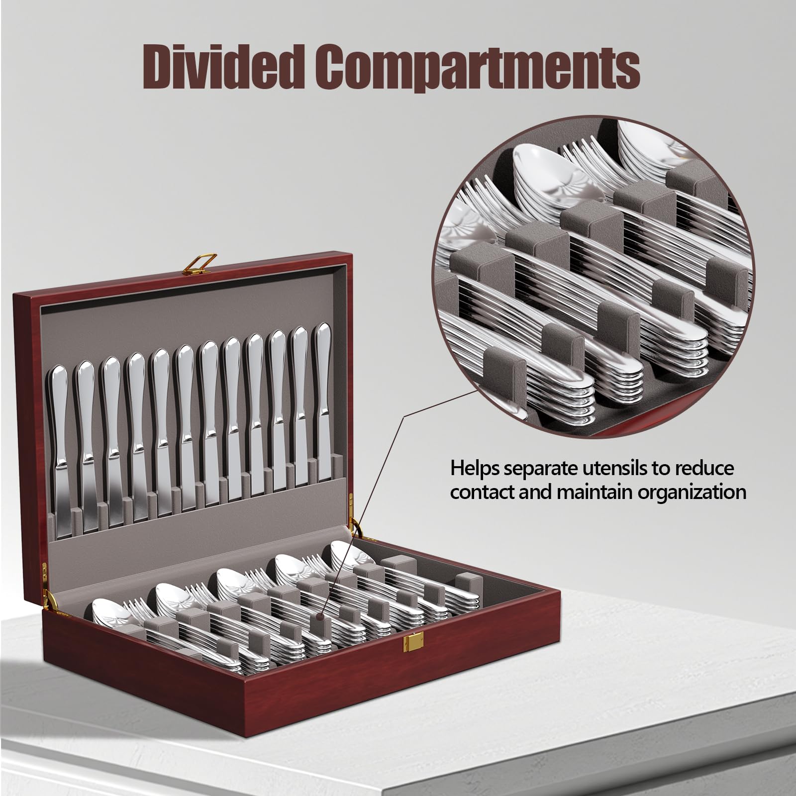 Mahogany Wood Silverware Storage Box,Silverware Case Flatware Chest with Felt Lined,Flatware Storage Box for 12 sets of Utensils,Silverware Chest without Silverware,Silverware Organizer with Lid