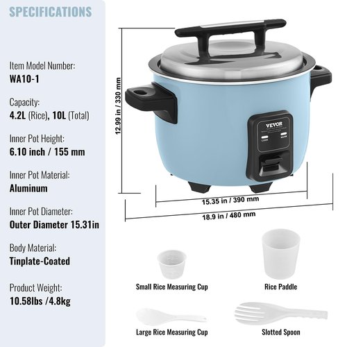 VEVOR Commercial Rice Cooker, 50-Cup Rice Cooker, 10.57 Qt / 10 Liter Large Rice Cooker and Warmer with Nonstick Inner Pot, Fast Cooking and 24-Hour Keep Warm, with Rice Cup and Paddle, for Restaurant