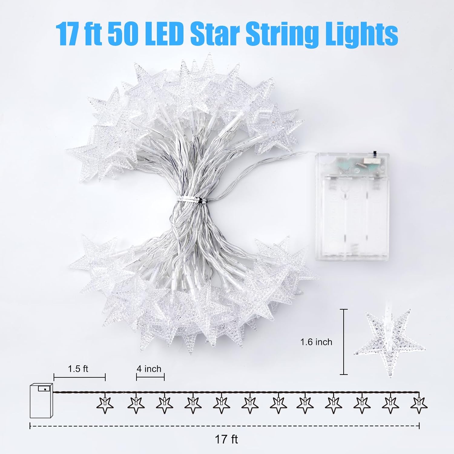 Minetom Star String Lights - 50 LED Waterproof Fairy Lights, 17 ft with Timer for Indoor & Outdoor Decor