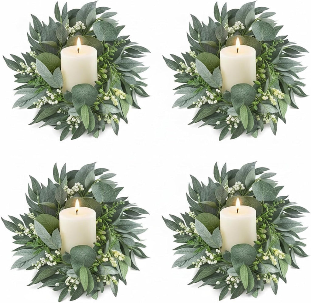 Thinkday Eucalyptus Candle Ring Set - 4 Inch Mini Artificial Wreaths for Pillar Holders | Green Floral Decor