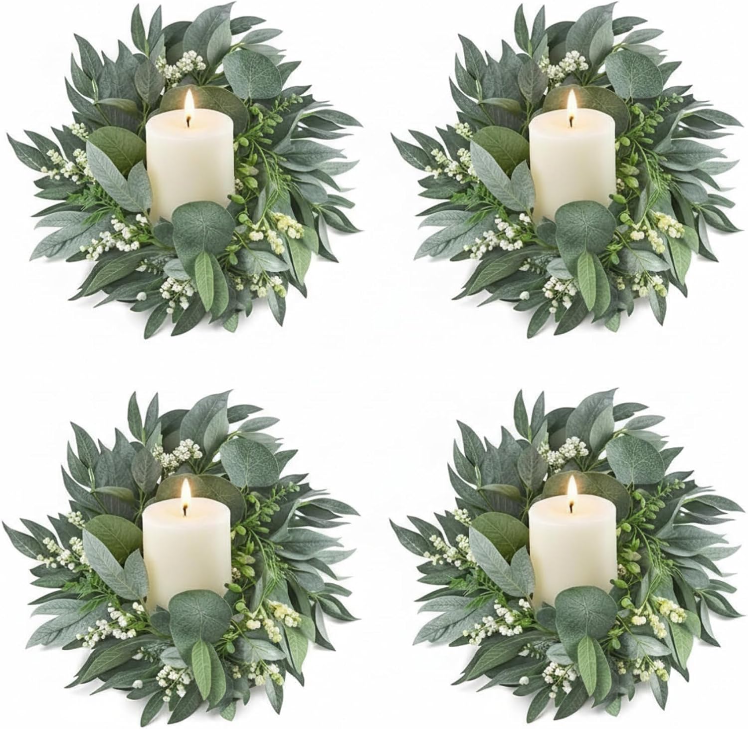 Thinkday Eucalyptus Candle Ring Set - 4 Inch Mini Artificial Wreaths for Pillar Holders | Green Floral Decor