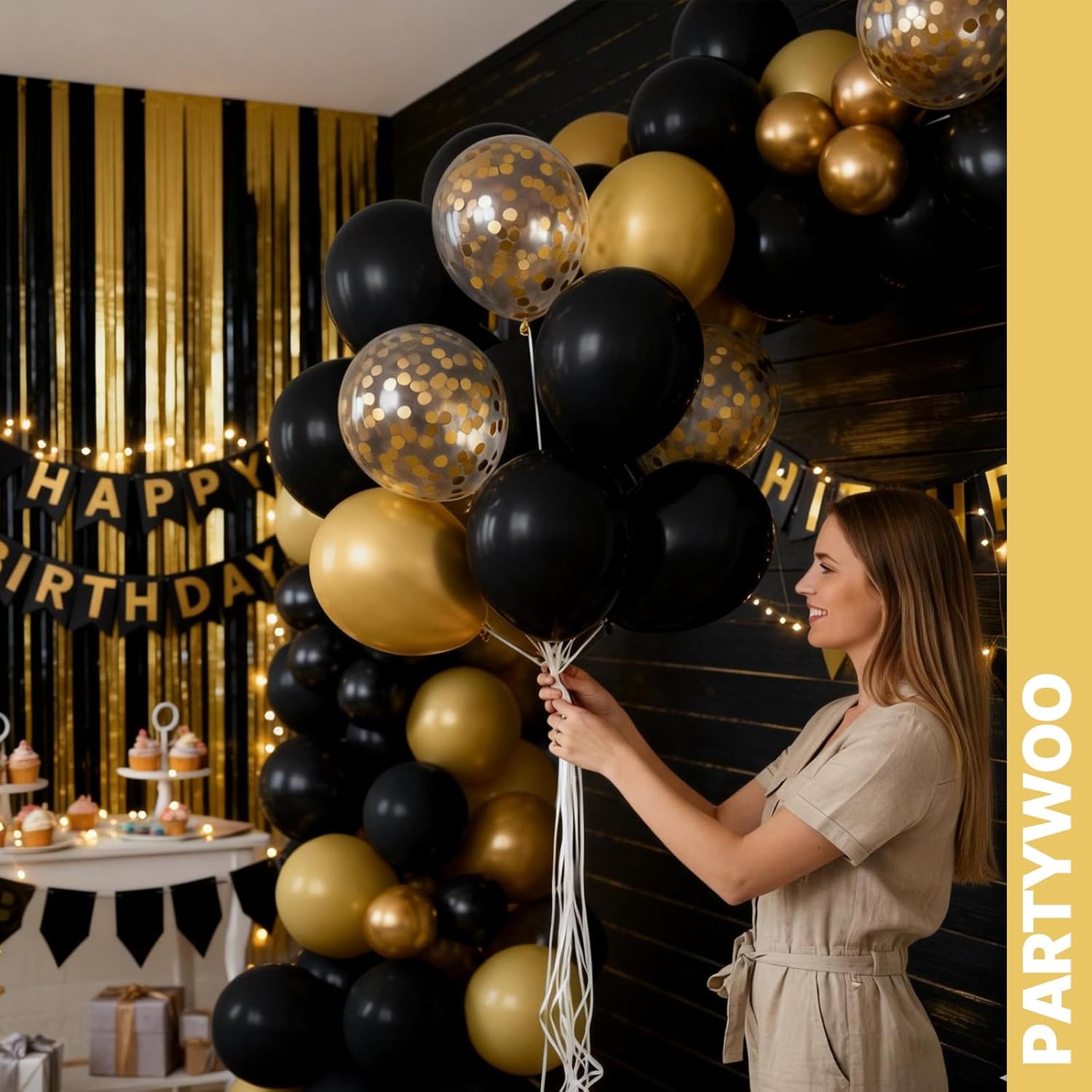 PartyWoo Gold & Black Balloons - 100pcs 12-Inch Metallic Balloons for Celebrations & Events