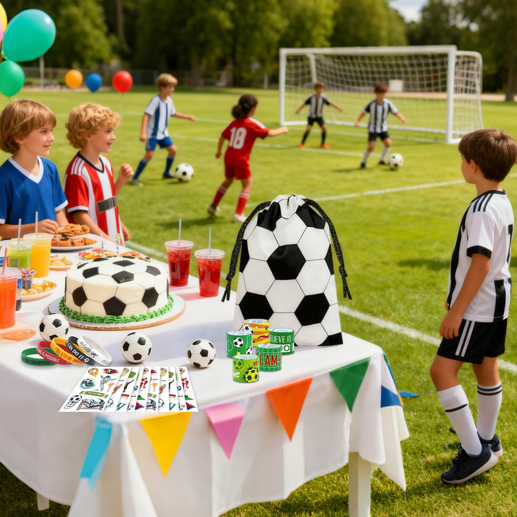 LaJasya 122 Pcs Soccer Party Favors Drawstring Bags Soccer Goodie Bag with Mini Ball, Wristband, Slap bracelets, Keychains, Stickers,Tattoo Stickers for Soccer Themed Party Supplies