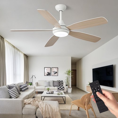 42 Inch Solid Wood Ceiling Fans with Lights and Remote, Dimmable 6-Speed Outdoor Ceiling Fan with Light, 5 Blade Ceiling Fan with 3-Timer Reversible DC Motor for Bedroom, Living Room - White ﻿