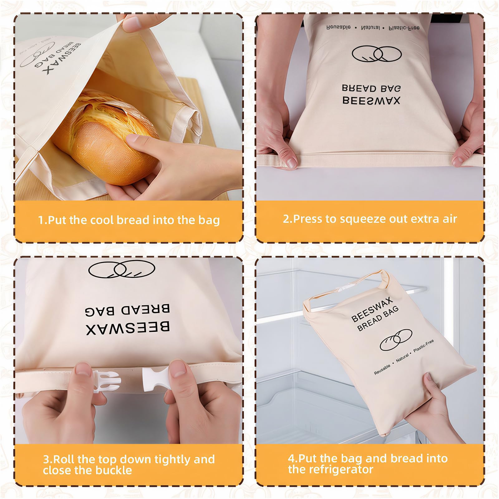 2 Pack Beeswax Bread Bag for Sourdough, Reusable Beewax Bread Bags, Organic Cotton Sourdough Bread Bags for Homemade, Keep Bread Fresh, Freezing Safe with Cleaning Brush-Care