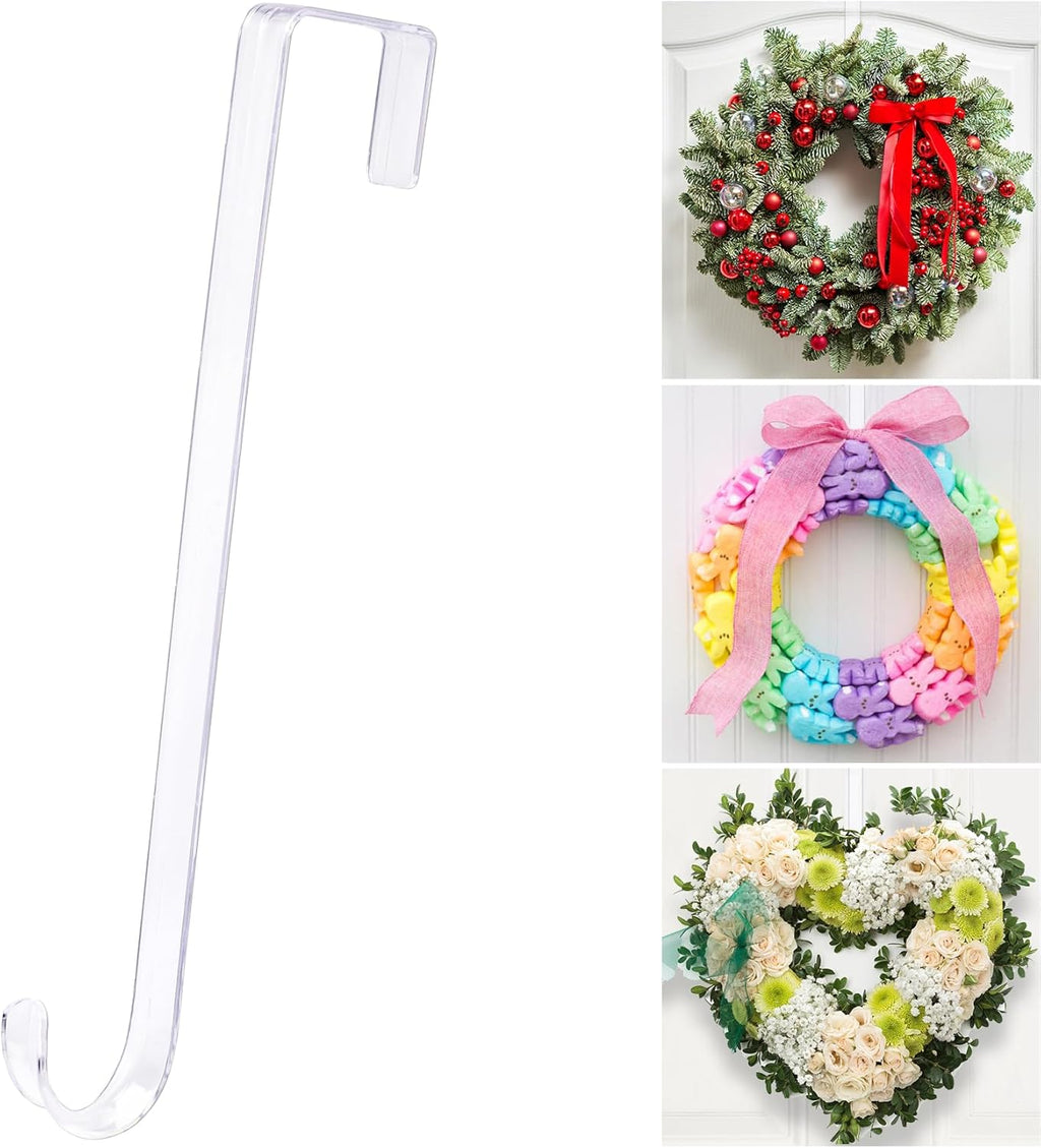 Skiennix 12" Clear Wreath Hanger - Non-Scratch Over The Door Hook for Slim Organizer Decor