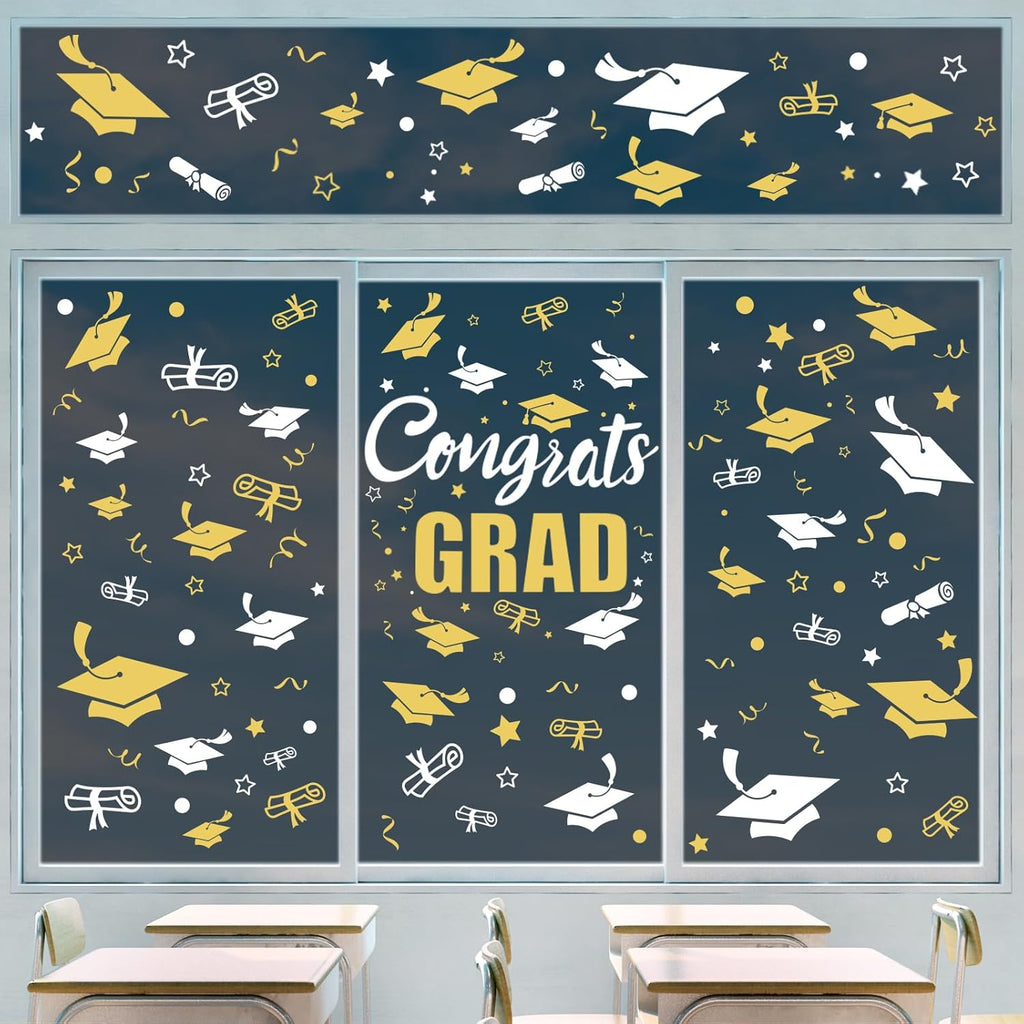Whaline Graduation Window Clings - 236 Pcs Double-Sided White & Gold Cap Decor for Home & Office