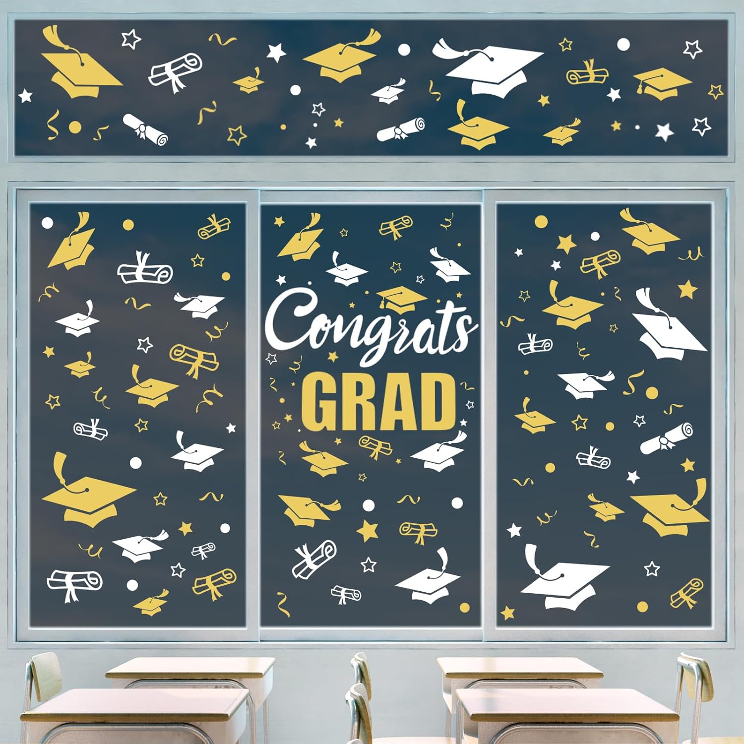 Whaline Graduation Window Clings - 236 Pcs Double-Sided White & Gold Cap Decor for Home & Office