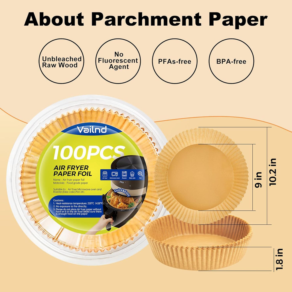 Vailnd Disposable Air Fryer Paper Liners - 100 Pcs Oil-Proof Round Baking Paper for 8-12 QT Air Fryers | 9 Inch Size