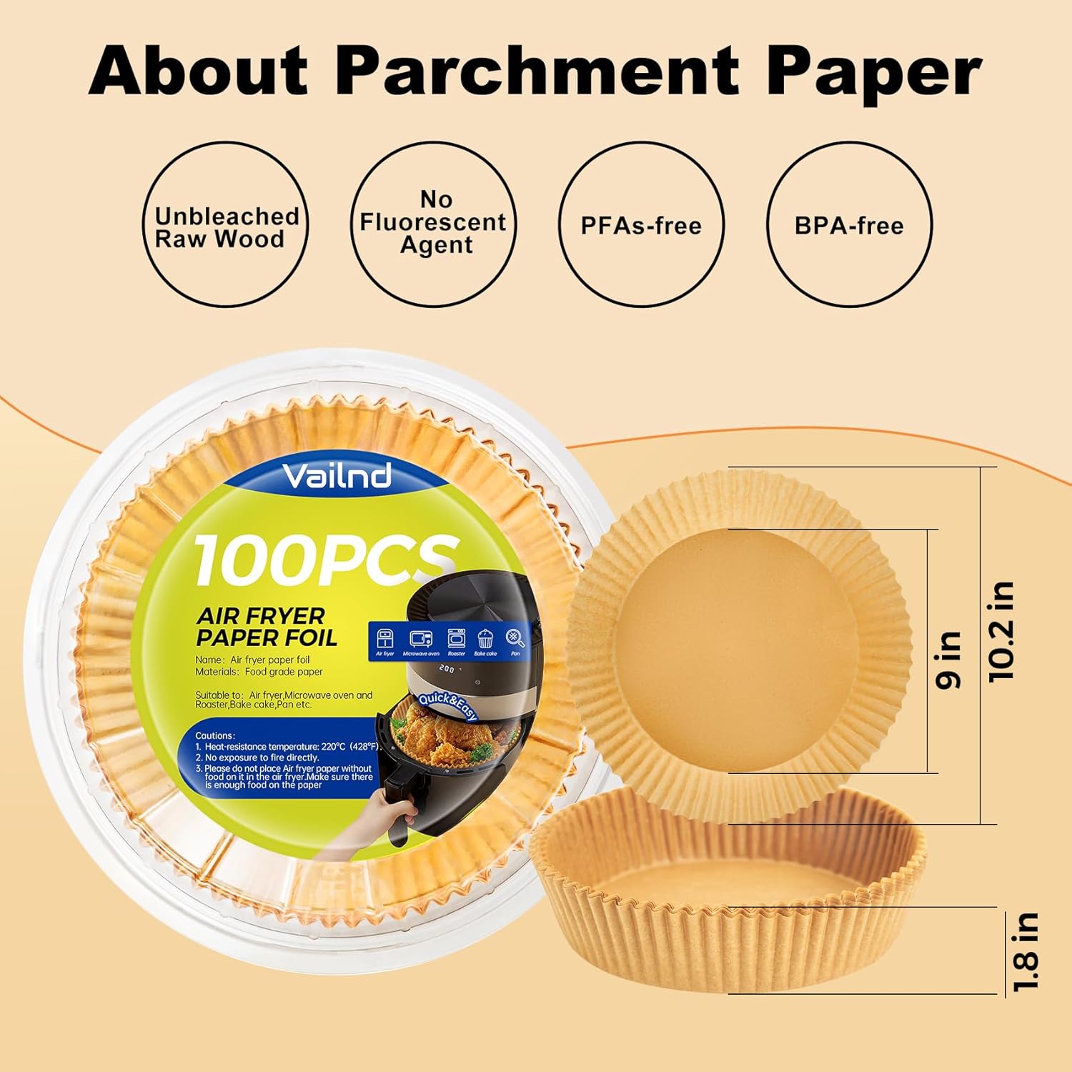 Vailnd Disposable Air Fryer Paper Liners - 100 Pcs Oil-Proof Round Baking Paper for 8-12 QT Air Fryers | 9 Inch Size