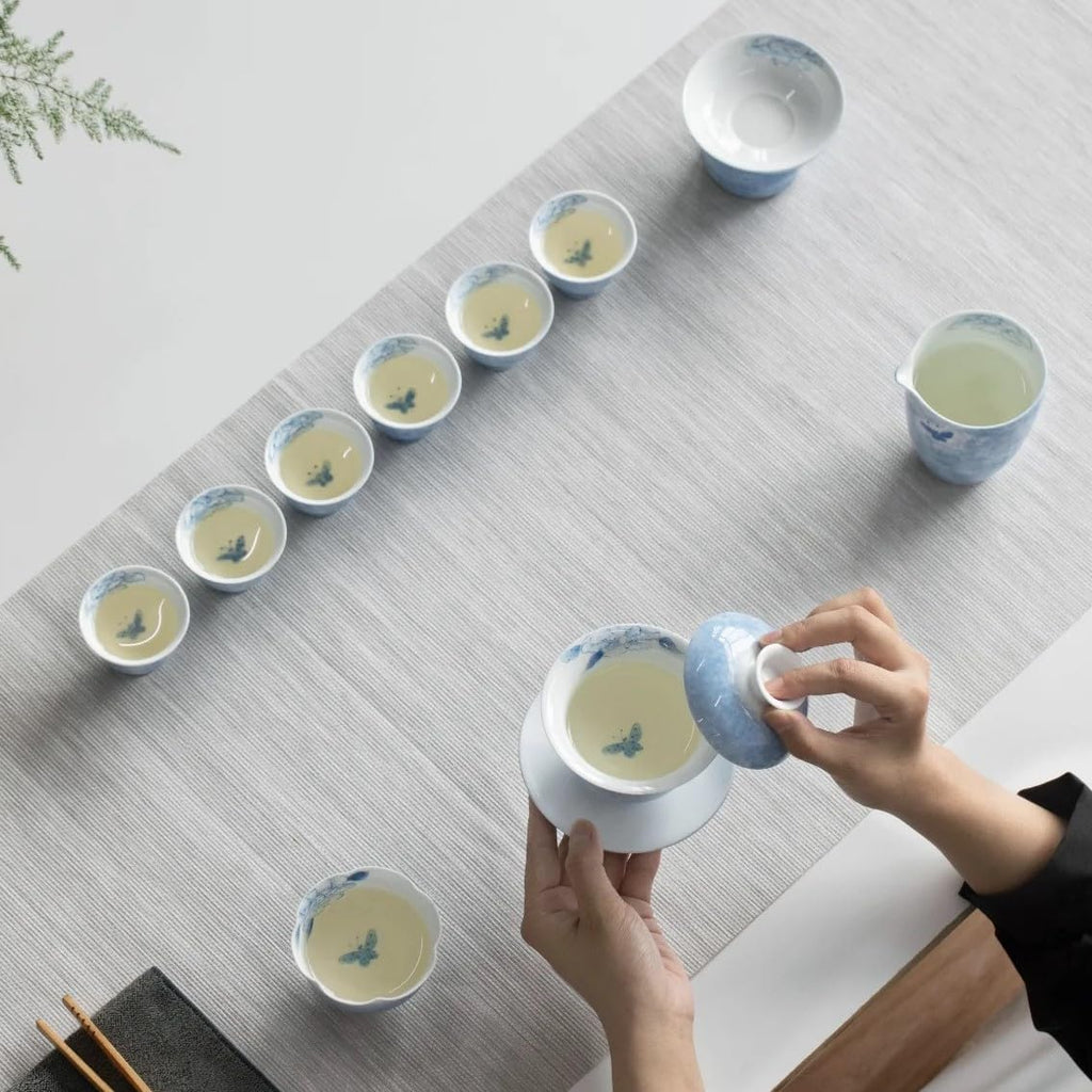 Hand-painted Kungfu Tea Set, Butterfly and Floral themed Chinese Tea Set, Gaiwan Gongfu Tea sets for adult, Ceramic Tea Ceremony Set, Gift for Tea Lovers