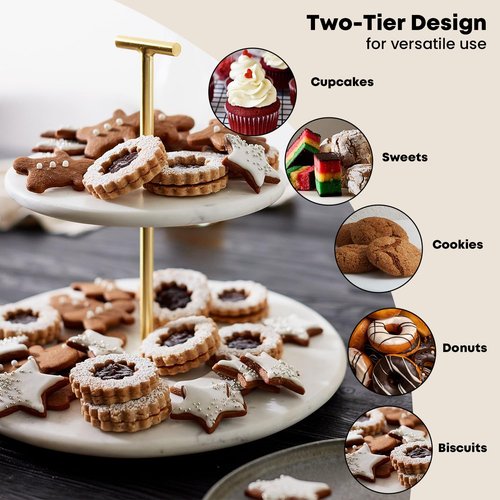 Supabon 2 Tiered White Marble Tray with Gold Metal Stand - Serving Tray for Desserts, Pastries, Cupcakes, Countertop Decor Display Stand, Detachable White Marble Plates with Gold Metal Handle