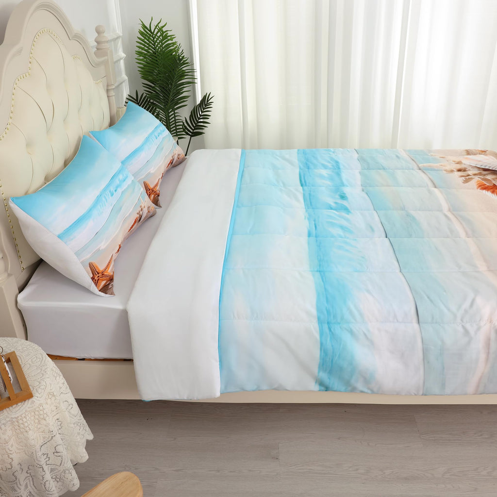FUYEUN Beach Comforter Set Twin, Coastal Nature Theme Pattern Bedding for Kids Boys Girls Bedroom, Ocean Hawaiian Starfish Quilt Sets, 1 Comforter, 1 Pillowcase, Blue Home Decor