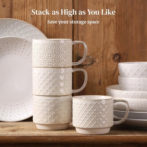 DOWAN 12oz Ceramic Coffee Mugs Set of 4 - Stackable, Microwave Safe with Large Handle for Home & Office