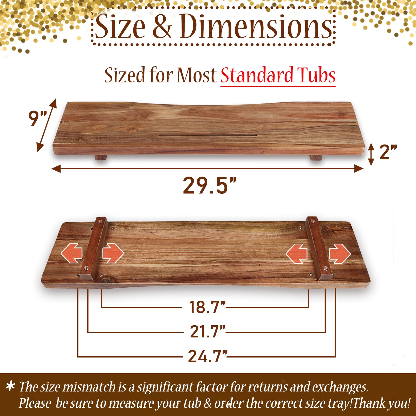 Premium Acacia Wood Bathtub Tray Caddy with Adjustable Legs, Minimalistic Design Bath Tray for Tub, Bathtub Accessories, Fit Standard and Against Wall Bath Tubs, Gift Idea for Women