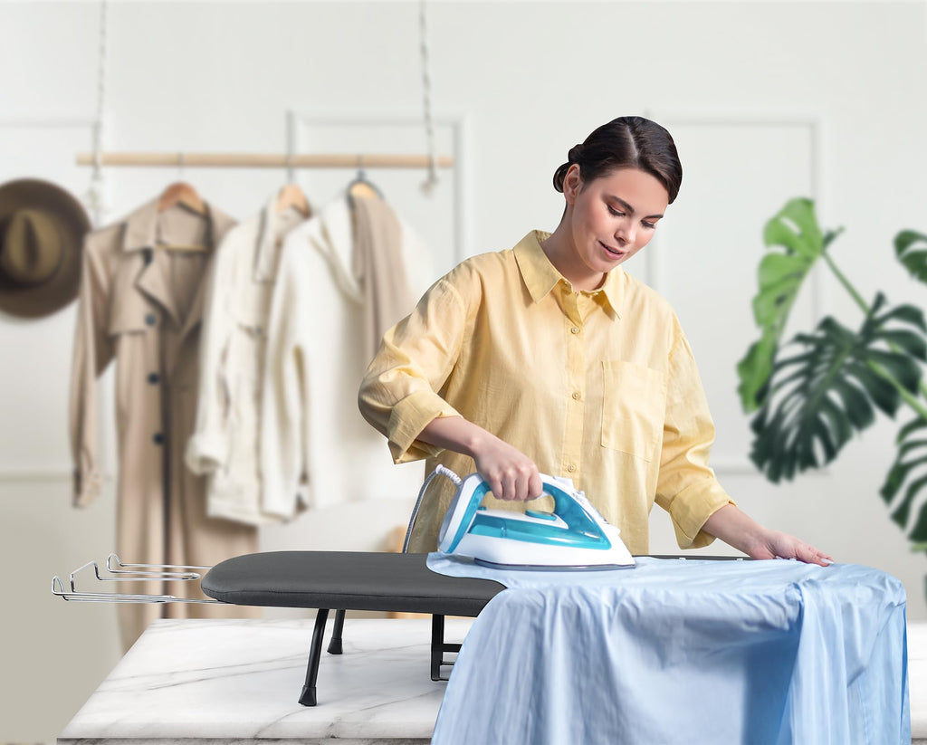 BiJun Small Ironing Board, Foldable Table Top Ompact Portable Mini Ironing Board w/Iron Rest, Set for Dorm Rooms, RVs, Travel Apartments Black Easy to Use and Save Space