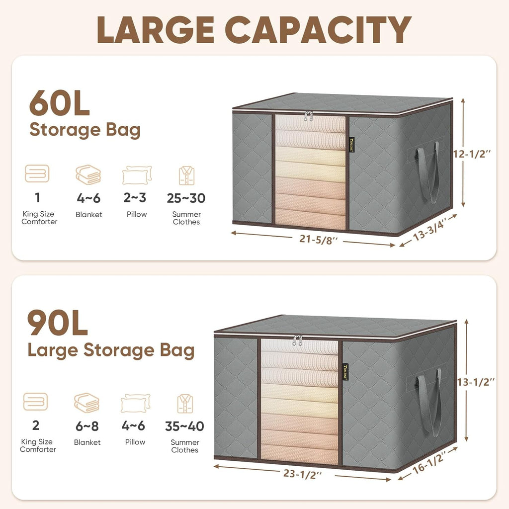 BALEINE 24 Gallon Clothes Storage Bags - Sturdy Zipper & Reinforced Handle | Closet Organizer for Bedding (Grey, 2 Pack)