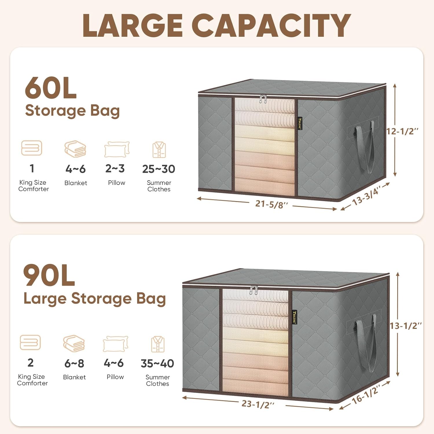 BALEINE 24 Gallon Clothes Storage Bags - Sturdy Zipper & Reinforced Handle | Closet Organizer for Bedding (Grey, 2 Pack)