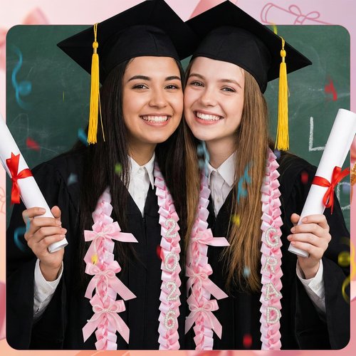 JATEBI 9 Pcs Coquette Graduation Leis&Cords Set 59 Inch Pink Ribbon Lei with Pearl Bows and Patches for 2026 Graduate Gifts