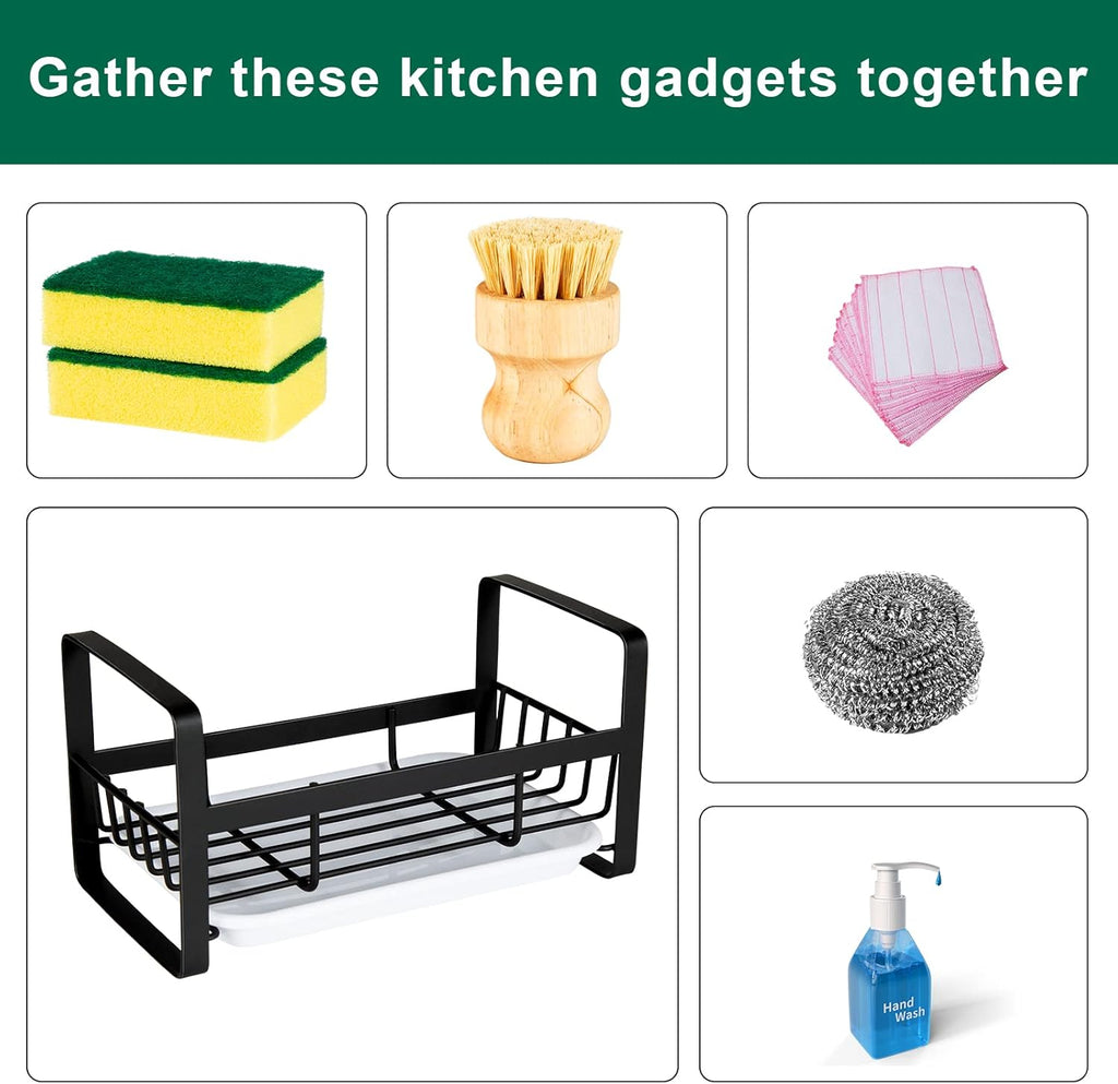 TEZZ Stainless Steel Sponge Holder - Kitchen Sink Caddy for Organizing Sponges, Brushes & Soap | Black