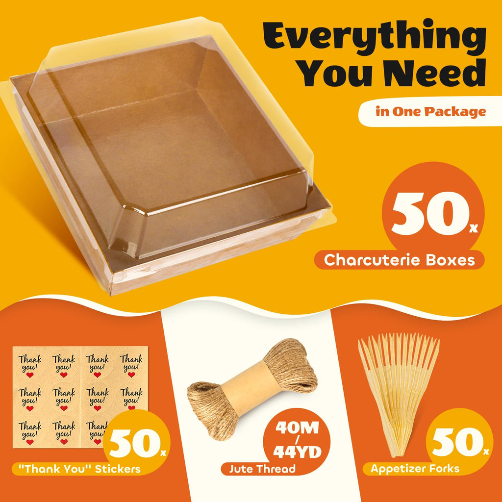 LNDIEHS 50Pcs Small Kraft Charcuterie Boxes with Clear Lids - Paper Mini Appetizer Plates for Sandwich, Cookie, Sushi, Cake Slice, and Strawberries