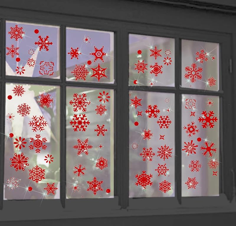 Glitter Red Snowflake Window Clings - 9 Sheets Electrostatic PVC Xmas Decor