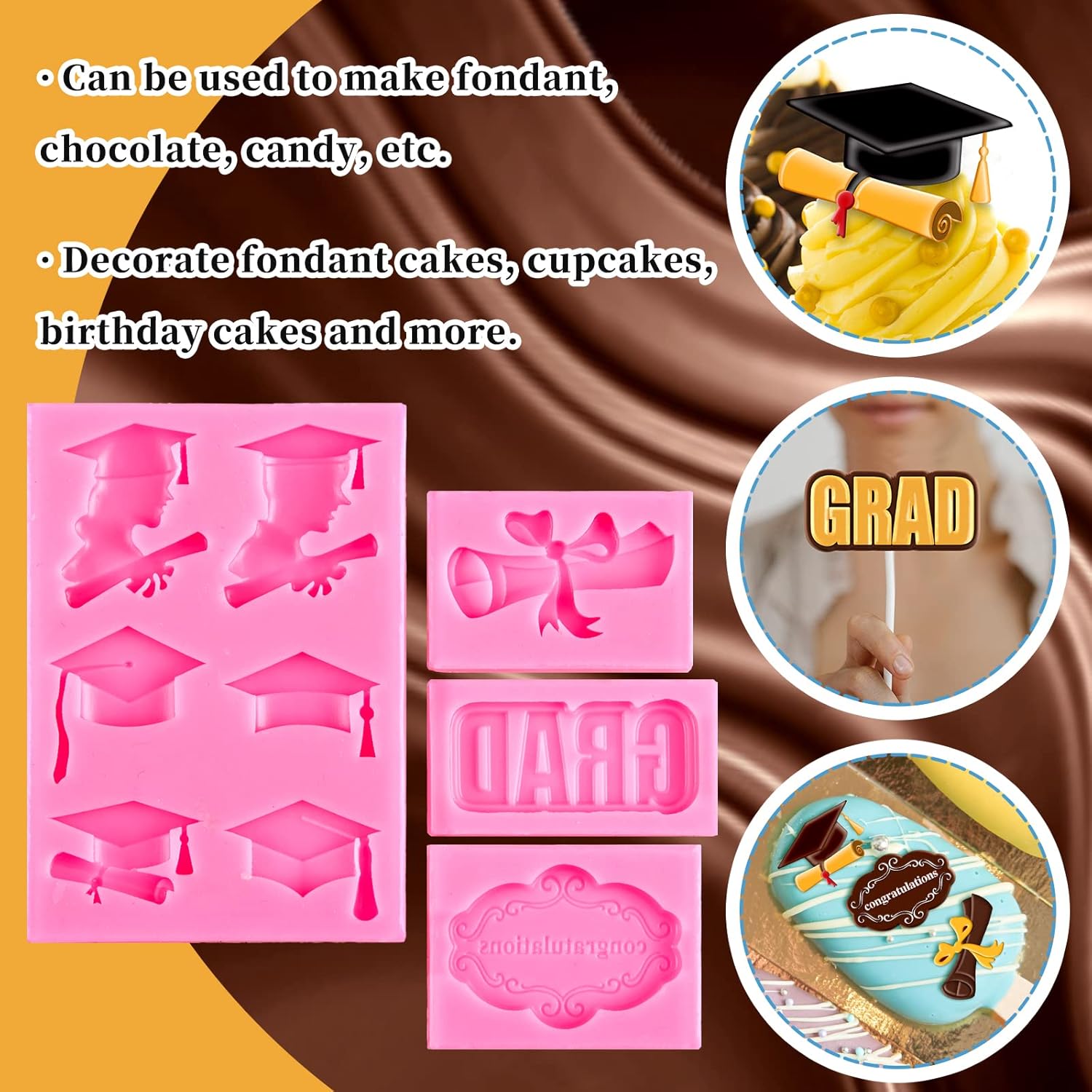 Whaline Graduation Mini Fondant Molds - 4 Pack Silicone Caps & Diplomas for Cake Decorations