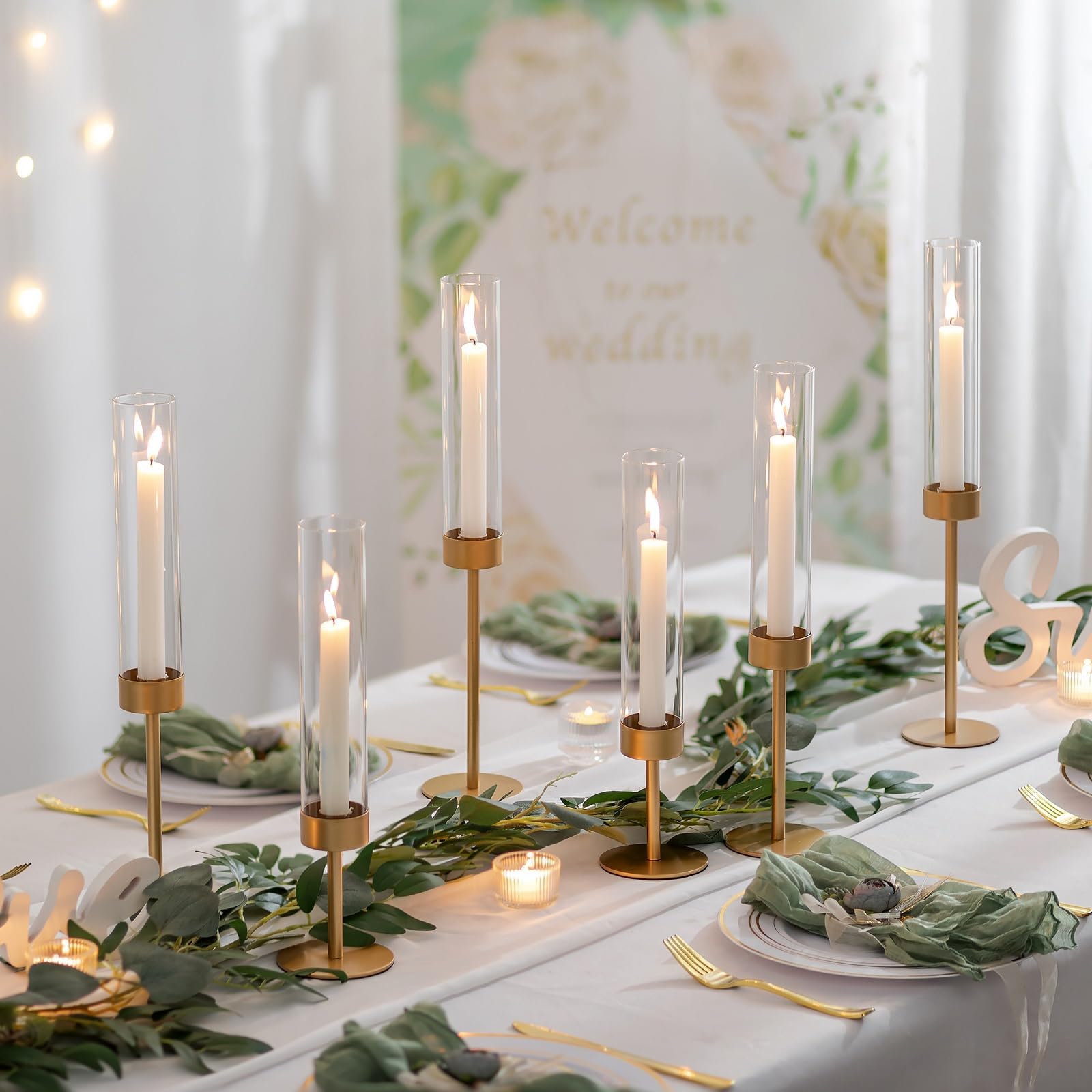 Sziqiqi Hurricane Candle Holders for Wedding: 6 Pcs Gold Candlestick Holders Table Centerpiece - Taper Candle Sticks Holder for Christmas Party