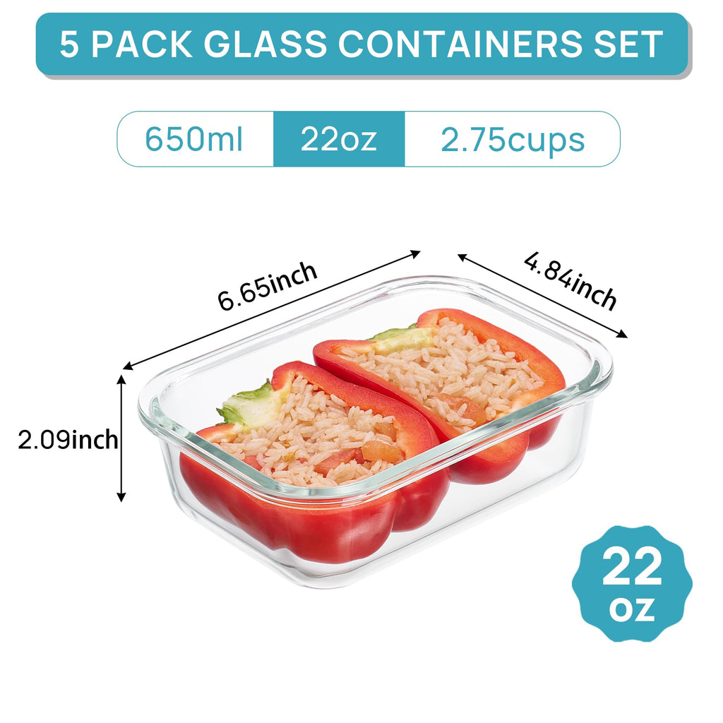 Vtopmart 5Pack 22oz Glass Storage Containers with Lids, Glass Meal Prep Food Container Sets with Snap Airtight Lid for Microwave, Oven, Freezer and Dishwasher, Grey