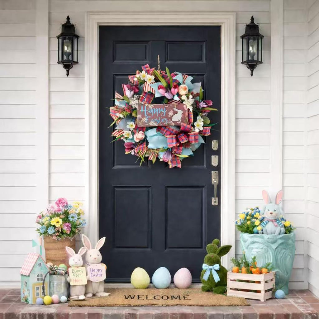 Regine Switzerland 22-Inch Easter Bunny Wreath - Spring Decor with Pink Tulips & Flowers