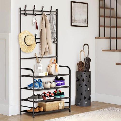 darsun Entryway Coat Rack, Shoe Rack for Entryway, Coat Rack Freestanding with 4-Tier Storage Shelves and 8 Double Hooks, for Living Room, Bathroom, Hallway, 60CM/21.6 IN
