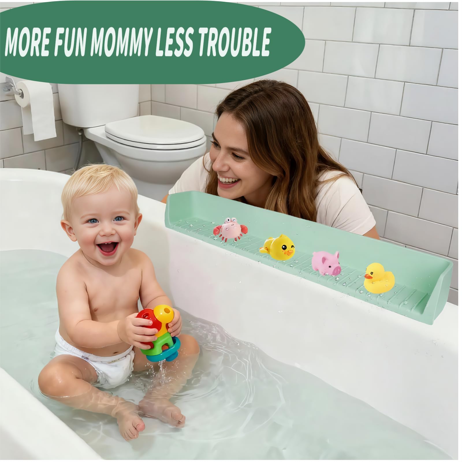 Bathtub Splash Guard for tub Kids& Bath Shelf for Kids – Toddler Bath Tray, Bath Toys Storage & Ledge Organizer – Splash Guard for Bathtub with Suction Cups – Kids Bathroom Accessories(2.6FT, Green)