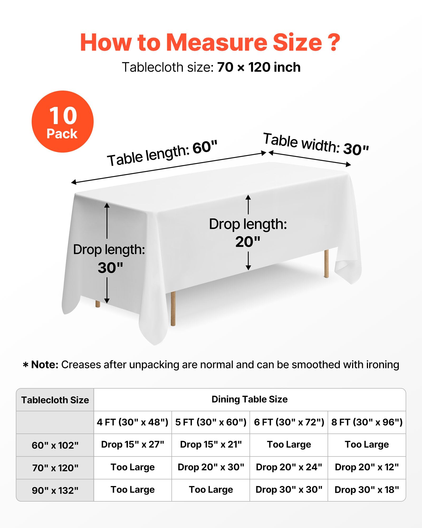VEVOR White Tablecloths for Rectangle Tables, 10 Pack, 70 x 120 Inches, Reusable and Machine Washable Table Clothes, Wrinkle-Resistant Polyester Fabric Table Covers for Wedding, Party, Banquet